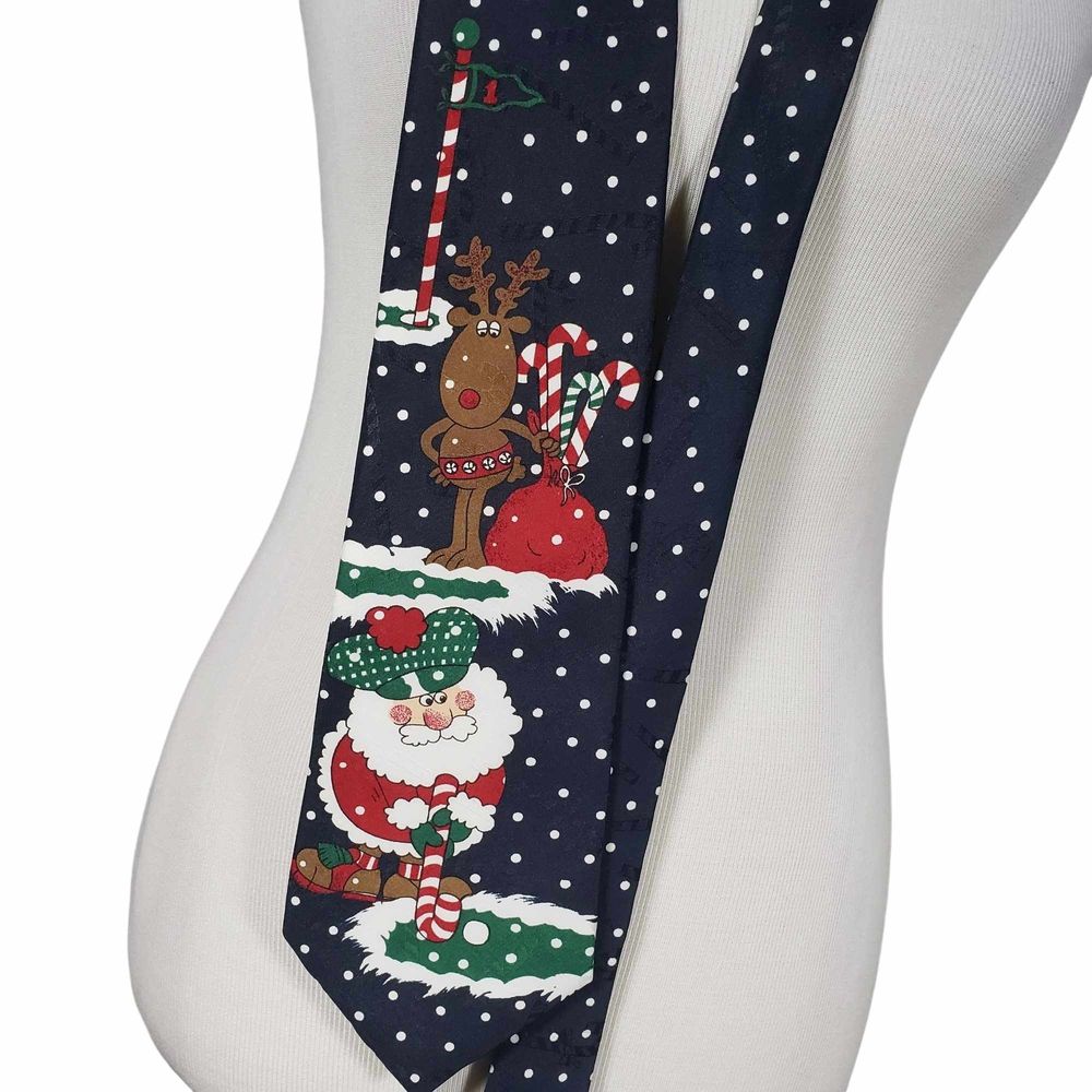 Hallmark Yule Tie Greetings Blue Santa Claus Reindeer Christmas Holiday Tie